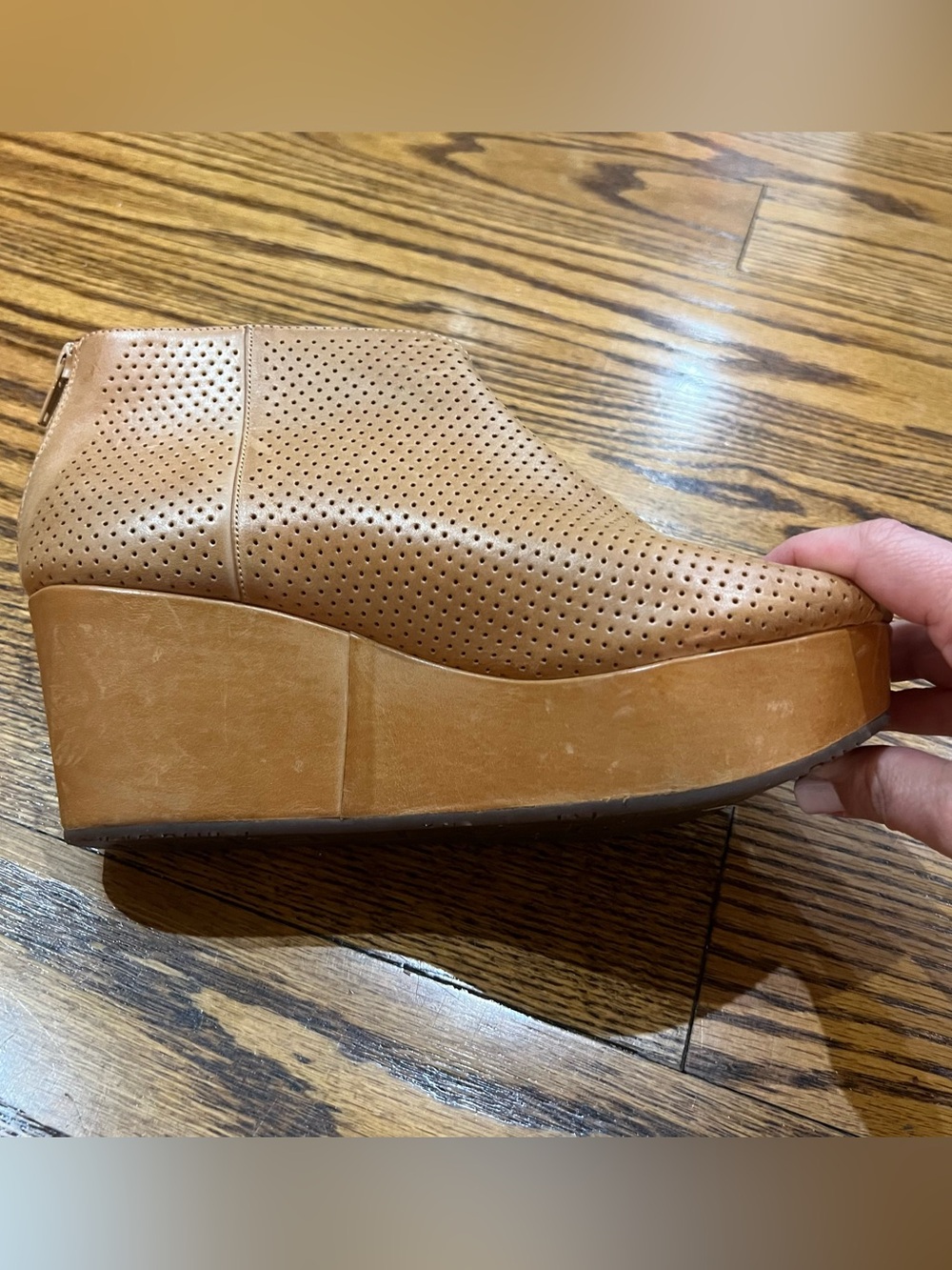 Chocolat Blu Walee Leather Peep Toe Platform Bootie Sz 7.5 Camel Wedge Boho - Picture 12 of 13